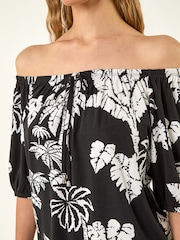 Roman Black Leaf Print Bardot Tie Front Stretch Blouse - Image 5 of 5