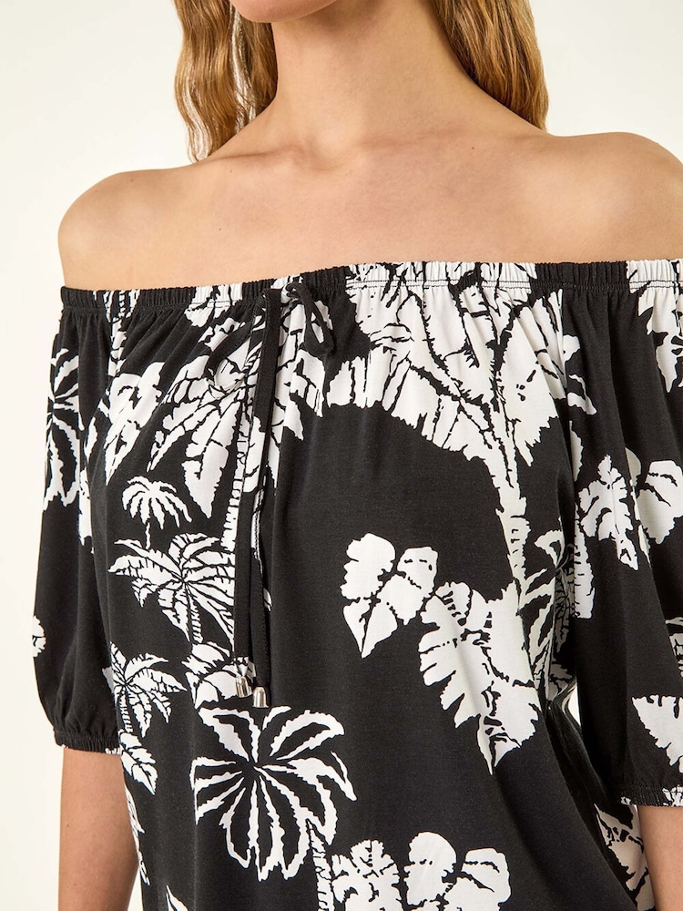 Roman Black Leaf Print Bardot Tie Front Stretch Blouse - Image 5 of 5