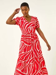 Roman Red Linear Print Midi Shirt Dress - Image 1 of 5