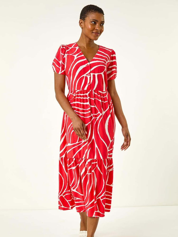 Roman Red Linear Print Midi Shirt Dress - Image 2 of 5