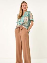 Roman Blue Patchwork Print V-Neck Trim Detail Blouse - Image 2 of 5