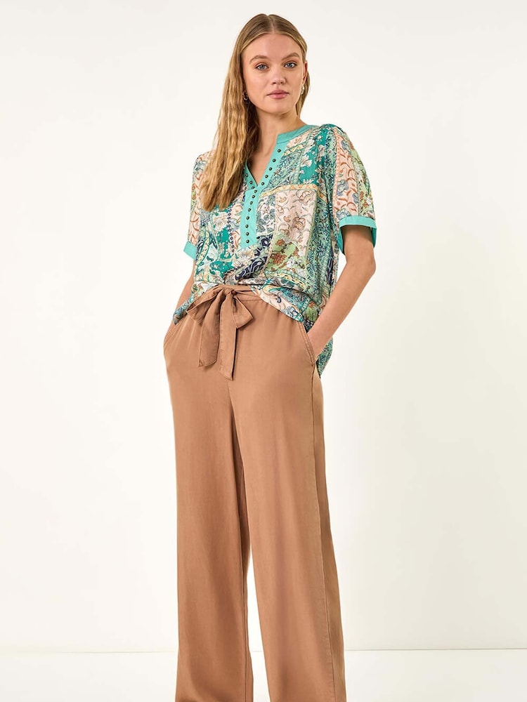 Roman Blue Patchwork Print V-Neck Trim Detail Blouse - Image 2 of 5