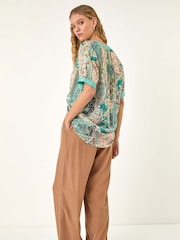 Roman Blue Patchwork Print V-Neck Trim Detail Blouse - Image 3 of 5