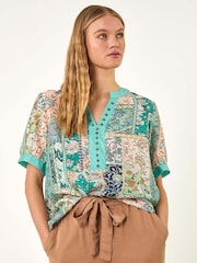 Roman Blue Patchwork Print V-Neck Trim Detail Blouse - Image 4 of 5
