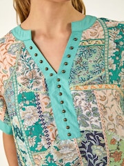 Roman Blue Patchwork Print V-Neck Trim Detail Blouse - Image 5 of 5