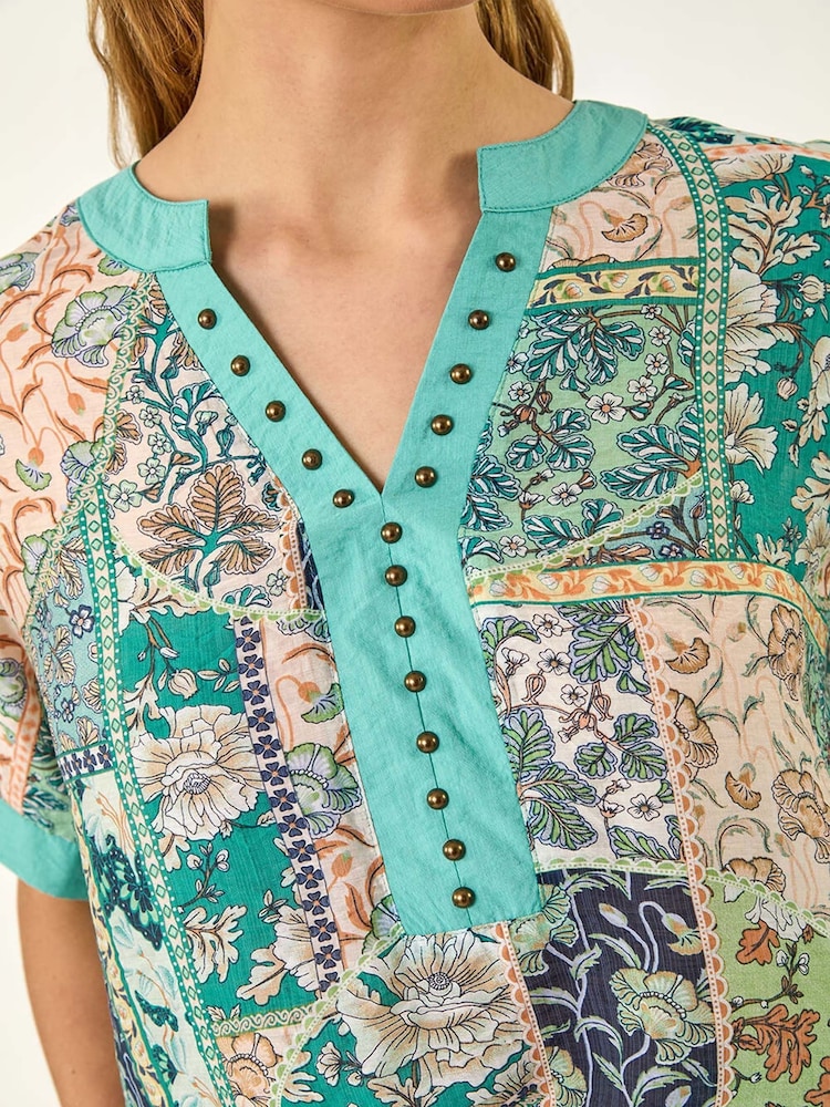 Roman Blue Patchwork Print V-Neck Trim Detail Blouse - Image 5 of 5