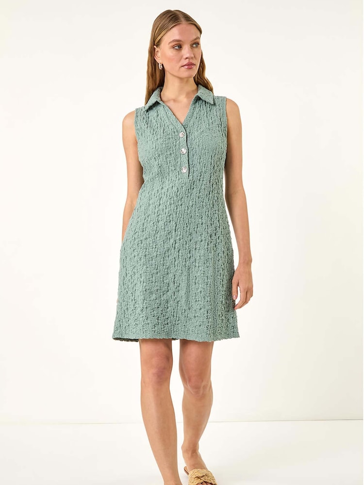 Roman Green Crinkle Collared A-Line Stretch Dress - Image 1 of 5