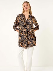 Roman Black Floral Print Longline Buttoned Blouse - Image 1 of 5