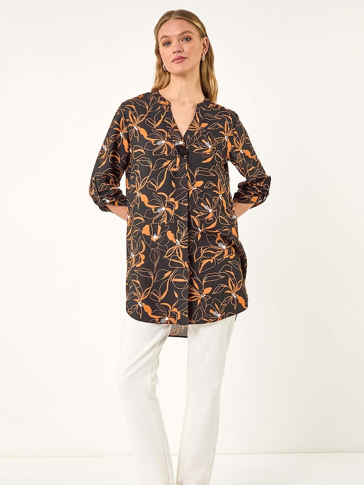 Roman Black Floral Print Longline Buttoned Blouse - Image 1 of 5