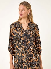 Roman Black Floral Print Longline Buttoned Blouse - Image 2 of 5