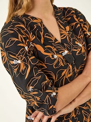Roman Black Floral Print Longline Buttoned Blouse - Image 5 of 5