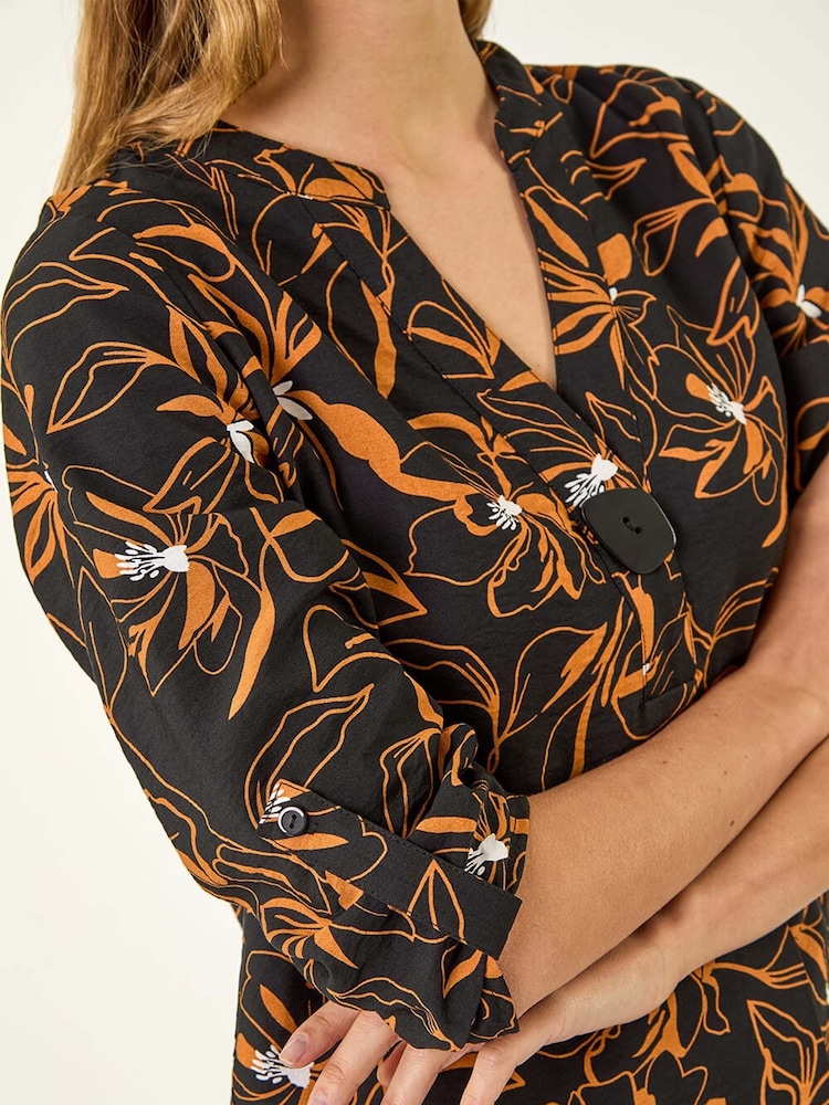 Roman Black Floral Print Longline Buttoned Blouse - Image 5 of 5
