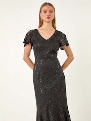Roman Black Sequin Lace Ruffle Stretch Midi Dress - Image 1 of 1