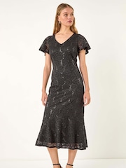 Roman Black Sequin Lace Ruffle Stretch Midi Dress - Image 2 of 5