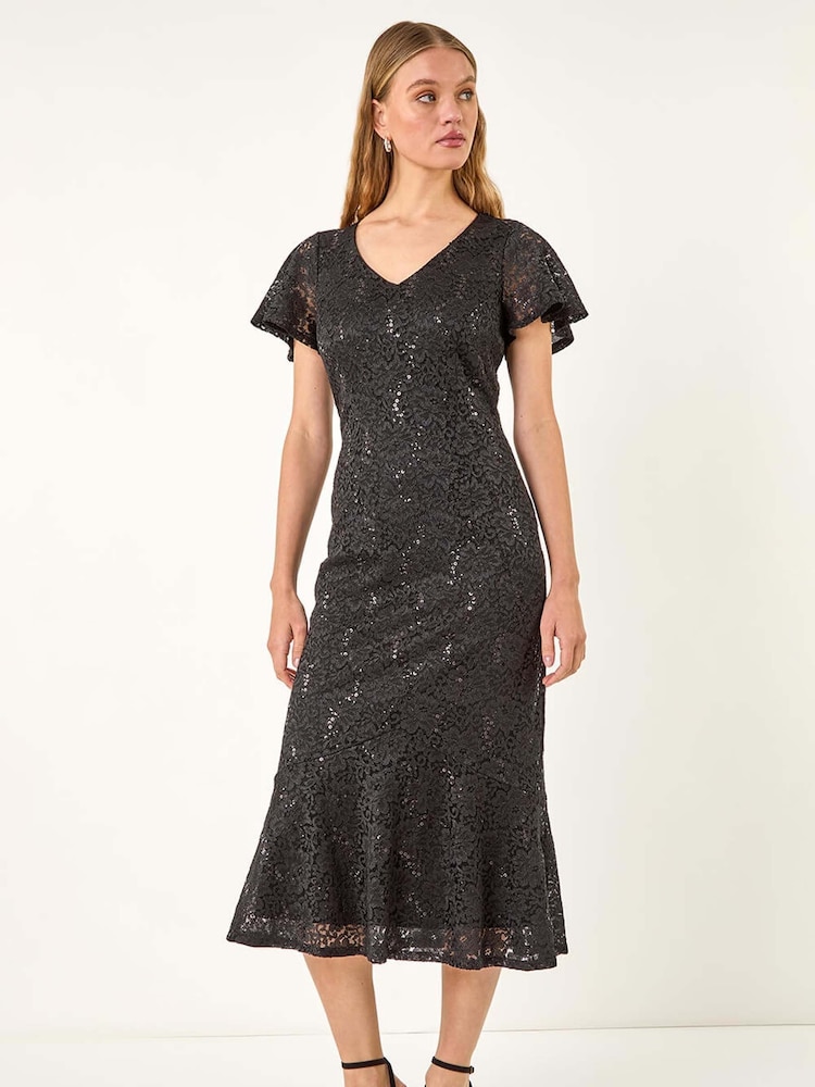 Roman Black Sequin Lace Ruffle Stretch Midi Dress - Image 2 of 5