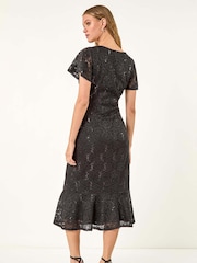 Roman Black Sequin Lace Ruffle Stretch Midi Dress - Image 3 of 5