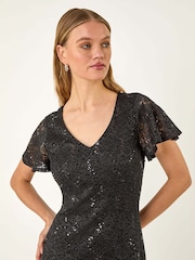 Roman Black Sequin Lace Ruffle Stretch Midi Dress - Image 4 of 5
