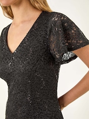 Roman Black Sequin Lace Ruffle Stretch Midi Dress - Image 5 of 5