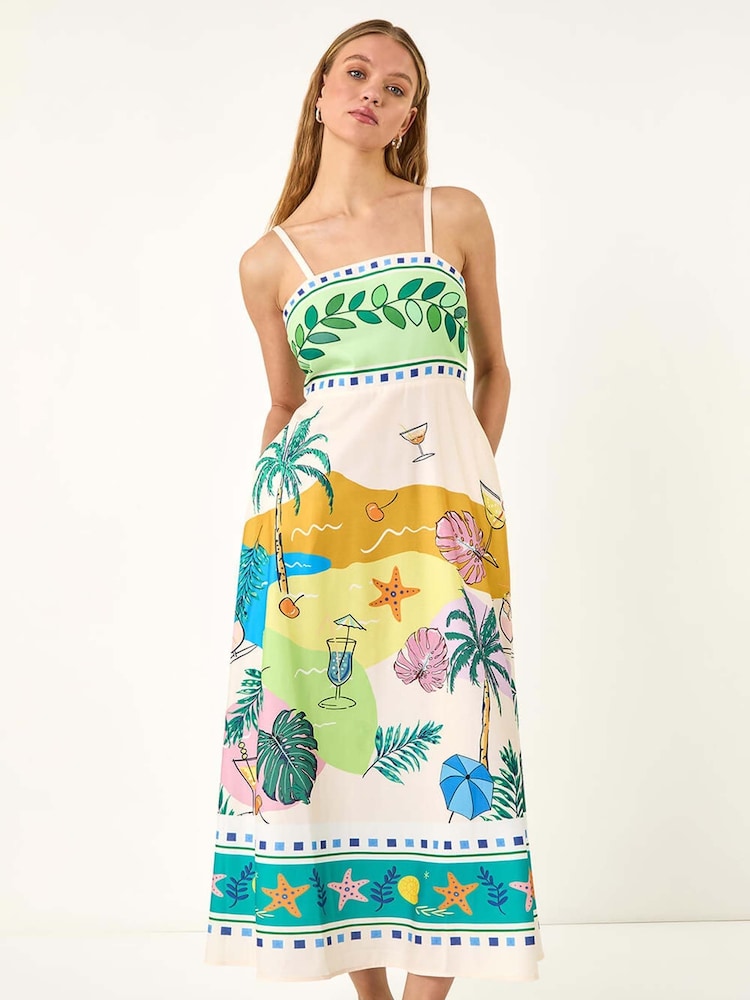 Roman White Beach Print Strappy Midi Dress - Image 2 of 5