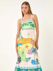 Roman White Beach Print Strappy Midi Dress - Image 4 of 5
