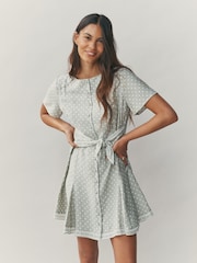 Sage Green Spot Tie Waist Mini Dress - Image 1 of 8