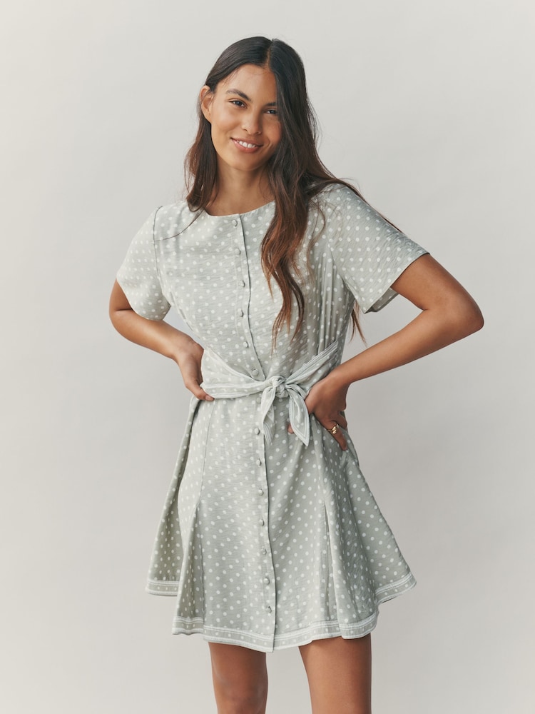 Sage Green Spot Tie Waist Mini Dress - Image 1 of 8 Sage Green Spot Tie Waist Mini Dress - Image 1 of 8