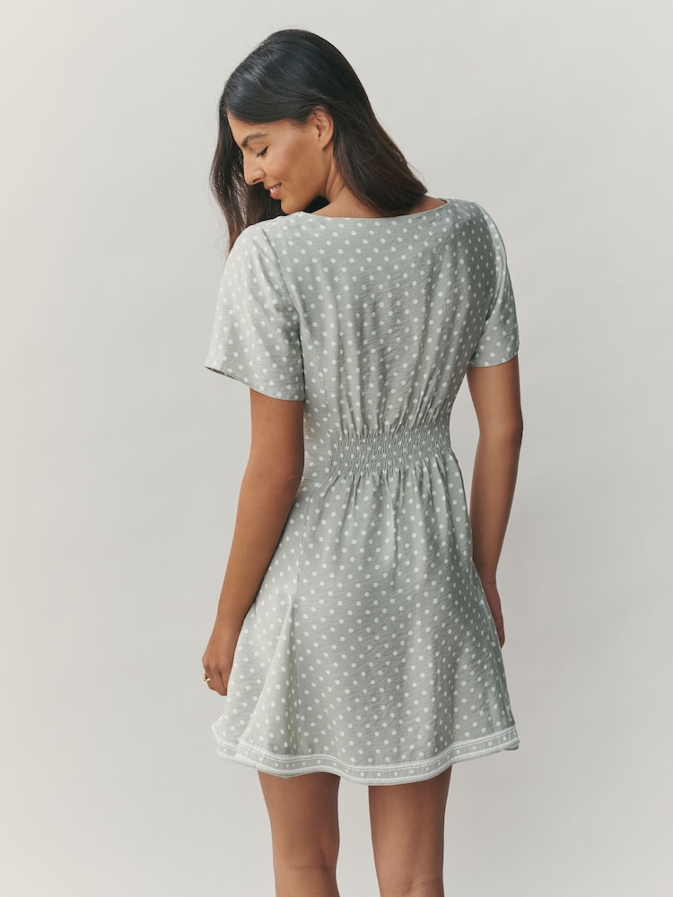 Sage Green Spot Tie Waist Mini Dress - Image 2 of 8 Sage Green Spot Tie Waist Mini Dress - Image 2 of 8