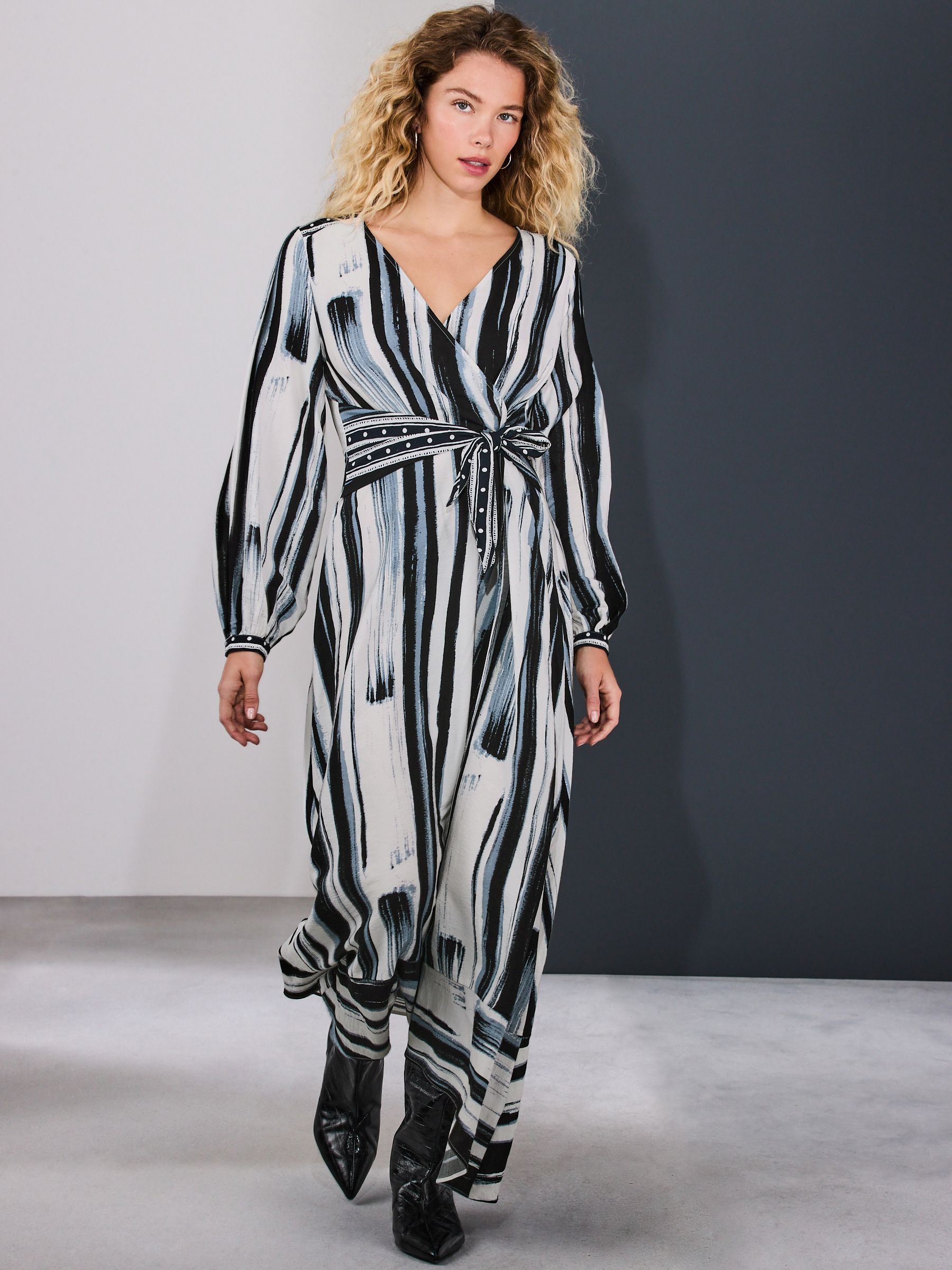 Buy Navy Blue/Ecru Stripe V-Neck Tie Waist Long Sleeve Midi Dress
