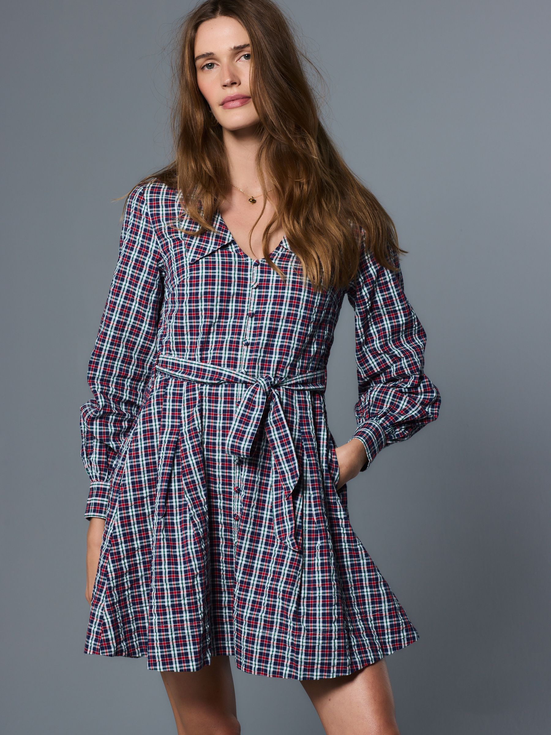 navy shirt dress next Navy Blue/Red Check Mini Long Sleeve Collared Shirt Dress