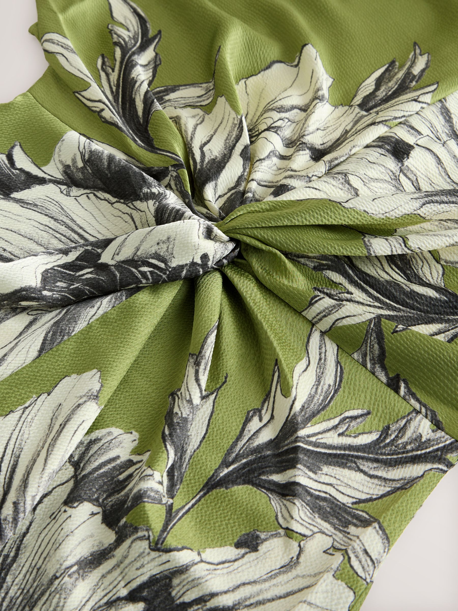 Buy Green/Ecru Textured Satin Short Sleeve Twist Front Midi Dress