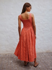 Coral Pink Cornelli Skirt Woven Mix Midi Dress - Image 3 of 8