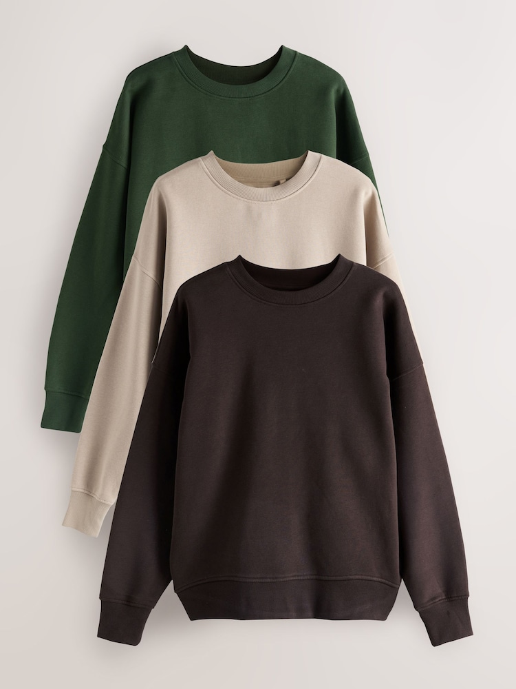 Khaki/Stone Cotton Rich Brushed Back Soft Feel Ribbed Crewneck Sweatshirts 3 Pack - Image 1 of 11