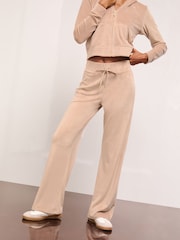 Lipsy Brown Embroidered Velour Relaxed Wide Leg Joggers - Image 1 of 5