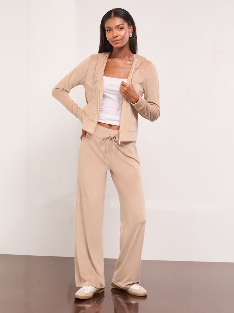 Lipsy Brown Embroidered Velour Relaxed Wide Leg Joggers - Image 2 of 5