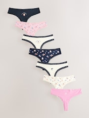 Pink/Cream Thong Cotton and Lace Knickers 7 Pack - Image 1 of 9