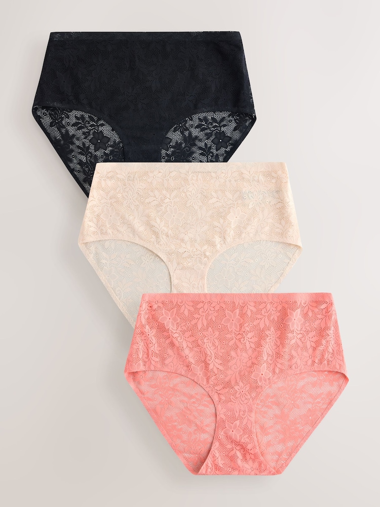 Black/Cream/Coral Pink Midi Stoma All Over Lace No VPL Knickers 3 Pack - Image 1 of 6 Black/Cream/Coral Pink Midi Stoma All Over Lace No VPL Knickers 3 Pack - Image 1 of 6