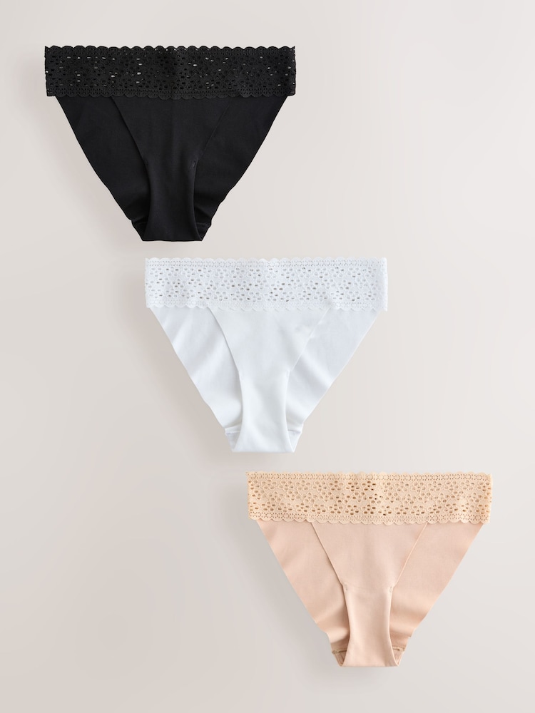 Black/White/Praline Nude Tanga No VPL Lace Top Cotton Knickers 3 Pack - Image 1 of 6
