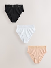 Black/White/Praline Nude High Rise High Leg No VPL Lace Top Cotton Knickers 3 Pack - Image 1 of 10