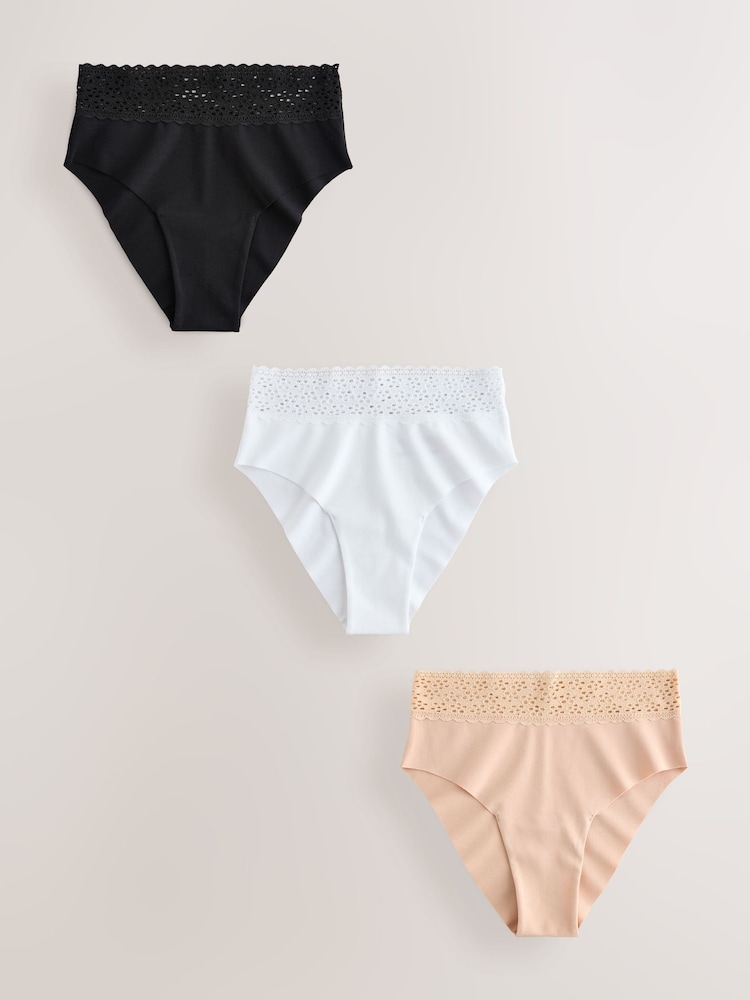 Black/White/Praline Nude High Rise High Leg No VPL Lace Top Cotton Knickers 3 Pack - Image 1 of 10