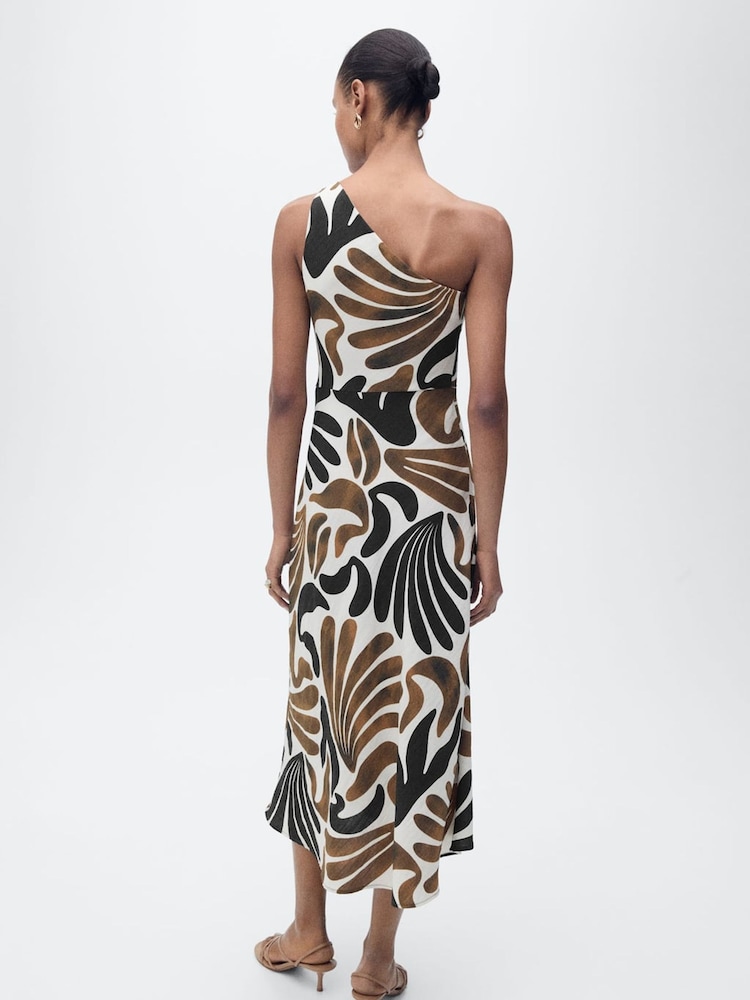 Mango Brown Asymmetrical Printed Midi Dress - Image 2 of 5 Mango Brown Asymmetrical Printed Midi Dress - Image 2 of 5
