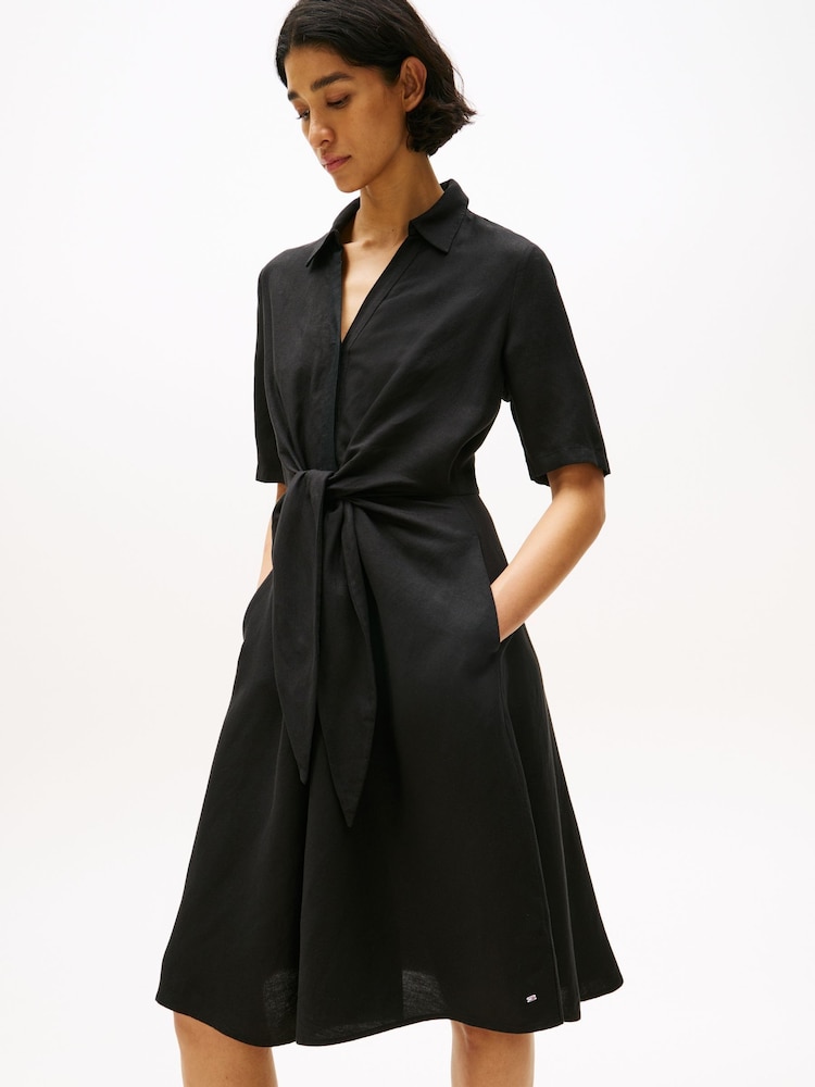 Tommy Hilfiger Black Relaxed Midi Linen Blend Shirt Dress - Image 2 of 5
