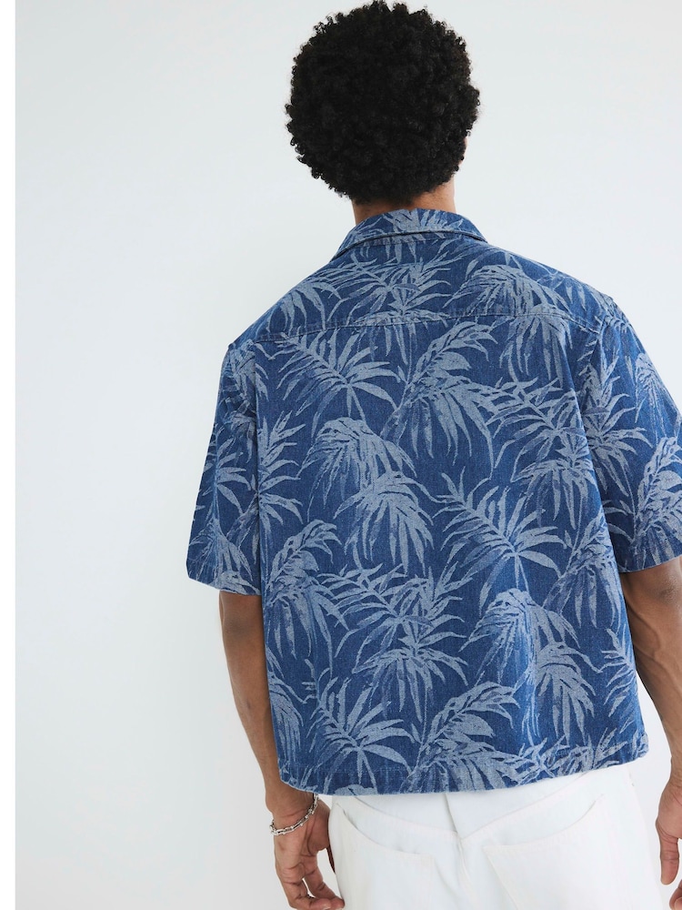 River Island Blue Denim Boxy Fit Palm Print Shirt - Image 2 of 4 River Island Blue Denim Boxy Fit Palm Print Shirt - Image 2 of 4