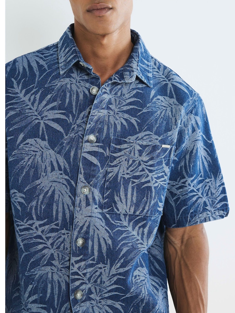 River Island Blue Denim Boxy Fit Palm Print Shirt - Image 4 of 4 River Island Blue Denim Boxy Fit Palm Print Shirt - Image 4 of 4