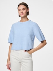 PIECES Blue Short Sleeve Round Neck Knitted Top - Image 1 of 4