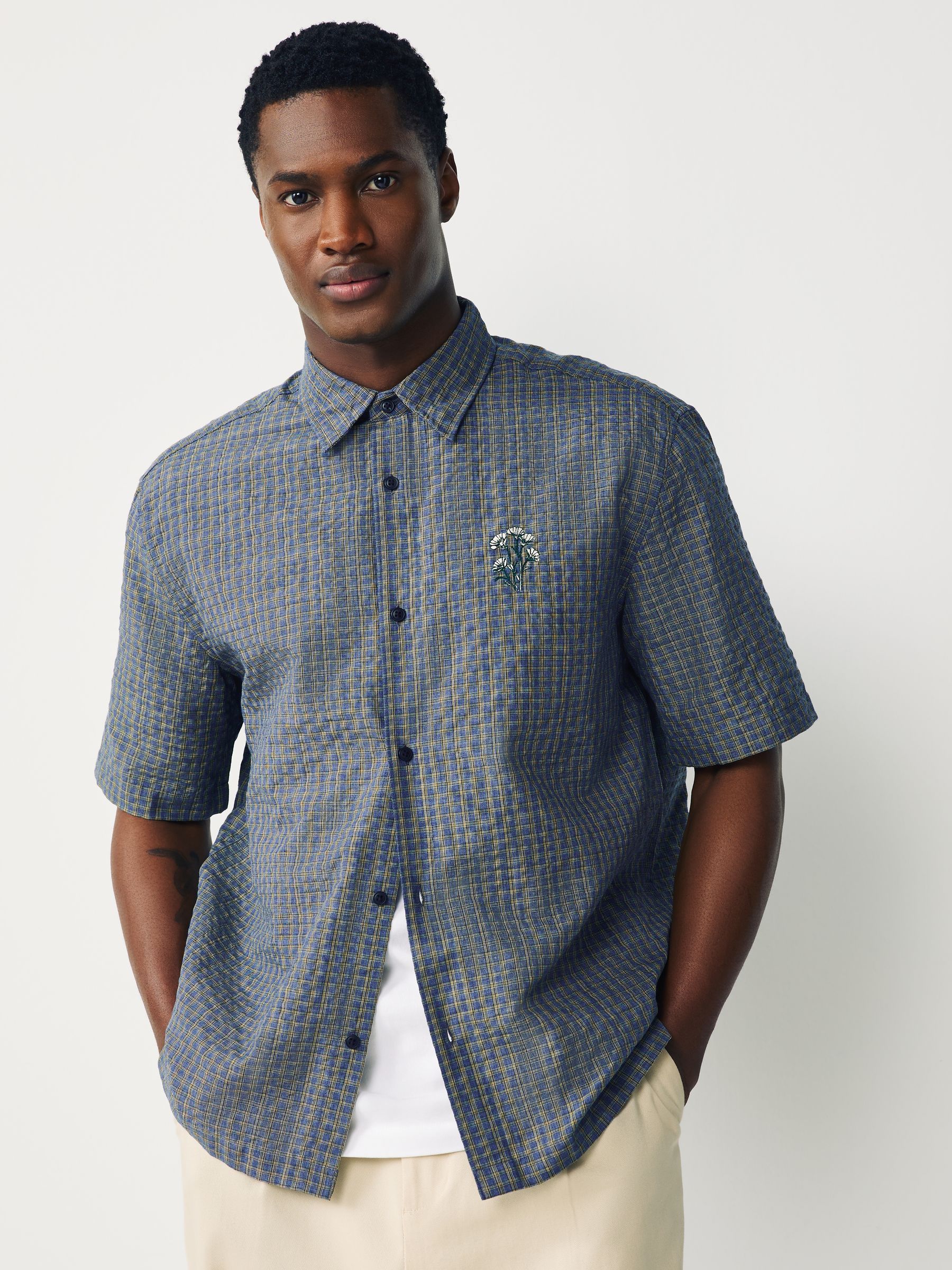 Buy Blue Check Gingham Seersucker Short Sleeve Shirt from the Next