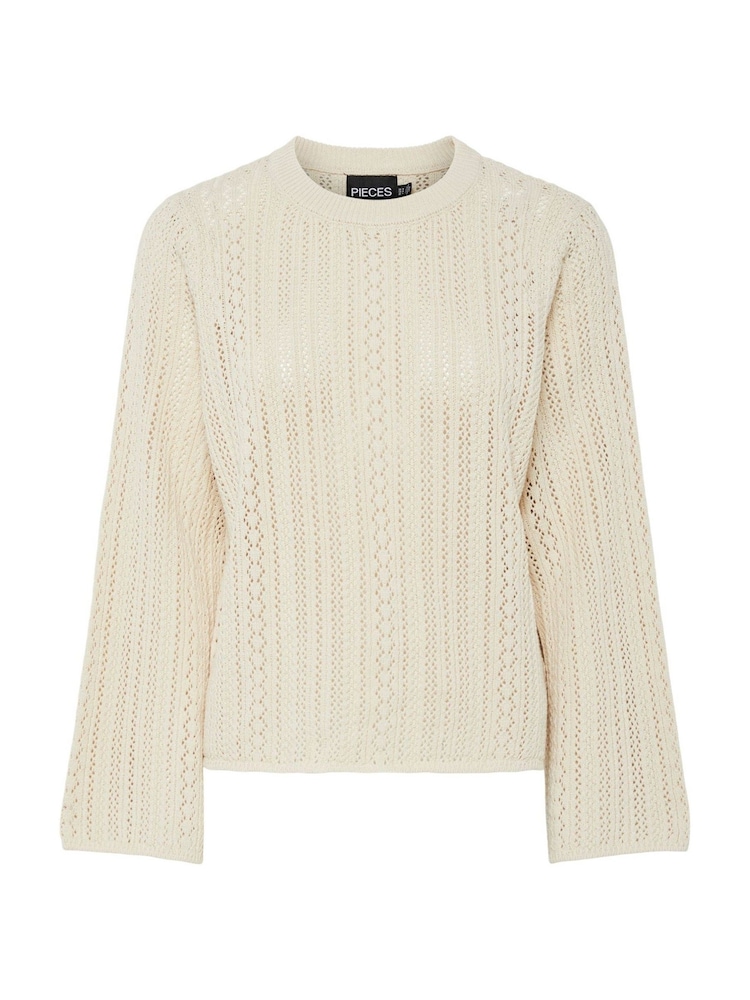 PIECES Cream Long Sleeve Round Neck Crochet Top - Image 1 of 2