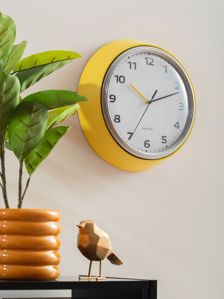 Karlsson Bright Yellow Modern Retro Wall Clock - Image 1 of 4 Karlsson Bright Yellow Modern Retro Wall Clock - Image 1 of 4