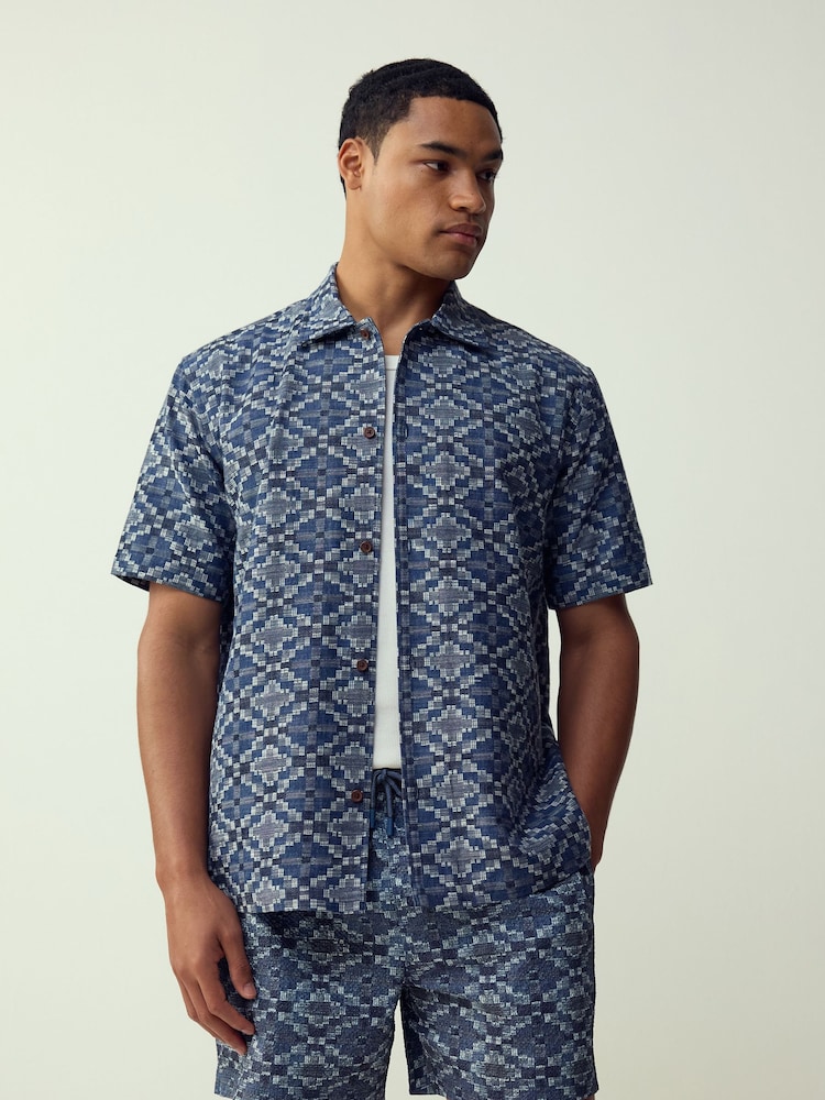 Blue Textured Navajo Style Short Sleeve Shirt - Image 1 of 7