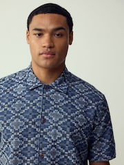Blue Textured Navajo Style Short Sleeve Shirt - Image 4 of 7