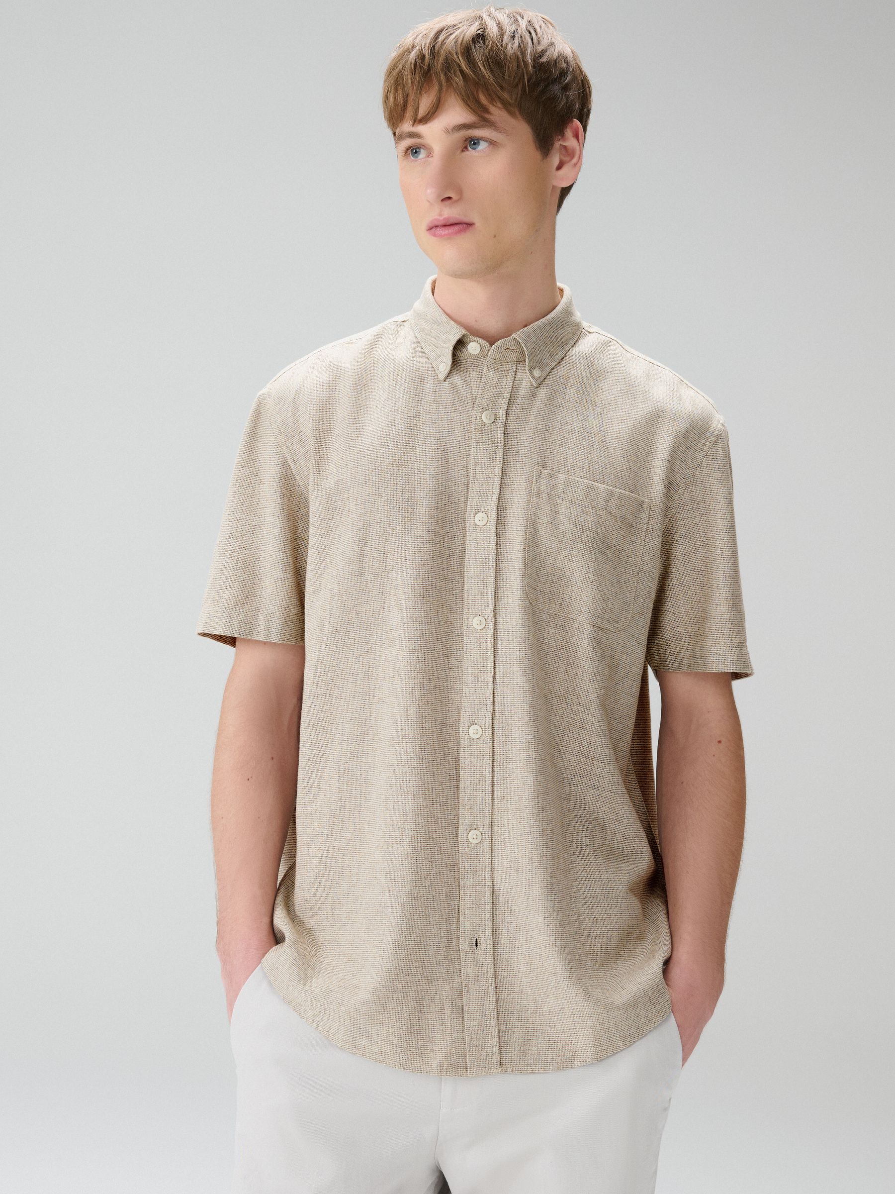Buy White/Blue/Stone Cotton Linen Blend Short Sleeve Shirts 3 Pack